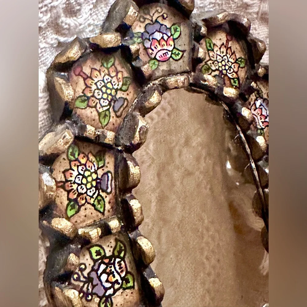 Handcrafted Floral Motifs Painted Glass Wood Arch Wall Mirror Black Bronze Leaf